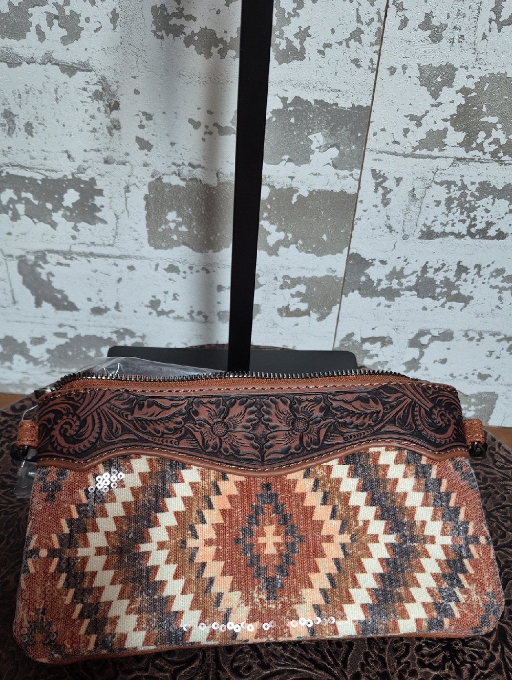 Montana West Brown Tooled Leather & Southwestern Woven Clutch